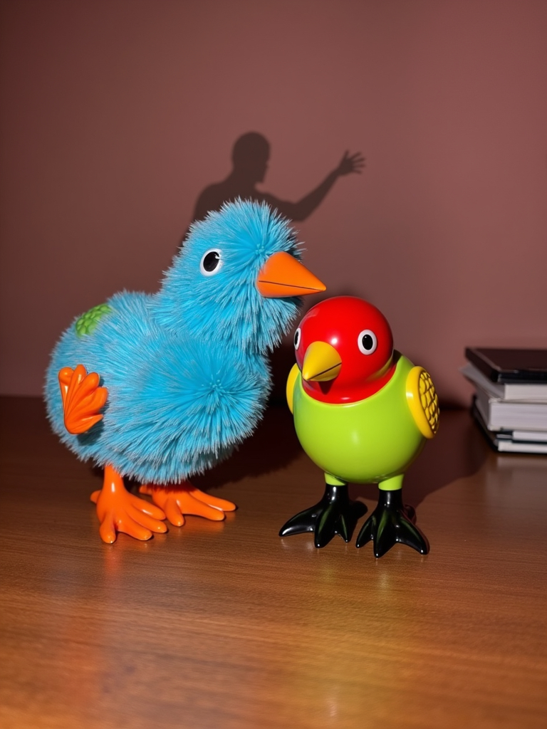 Prompt: a blue bird and a green bird on a table with a shadow of a person in the background behind them, Bernd Fasching, kitsch movement, birds, a 3D render