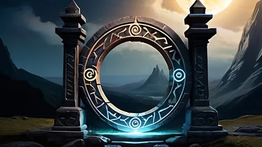 Prompt: The Rune Gate is a majestic, ancient ring made of weathered stone, standing approximately 20 feet in diameter. Its form is slender yet sturdy, resembling the iconic shape of a Stargate from the TV series and movie. Intricately carved runes cover the surface, glowing faintly with blue and silver hues, indicating its immense arcane power. These runes form complex patterns that suggest celestial alignments and mythical creatures. The inner edge of the ring swirls with misty magical energy, giving it an ethereal, otherworldly appearance. The base of the gate features detailed carvings and glyphs, adding to its mysterious allure. Set against a backdrop of a star-filled night sky, the gate emits a soft, inviting glow, hinting at the distant realms and ancient secrets it holds. It is a piece of technology that allows humanoids to walk through a portal created within the Rune Gate, therefore make the center of the ring hollow so a portal can form in it. 