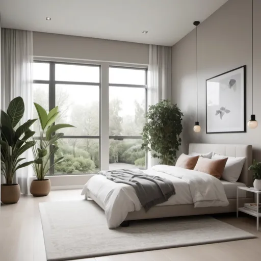 Prompt: can you create a 3m by 3m bedroom with a clean neutral look and a plant in the conner and a rug, with floor to ceiling windows