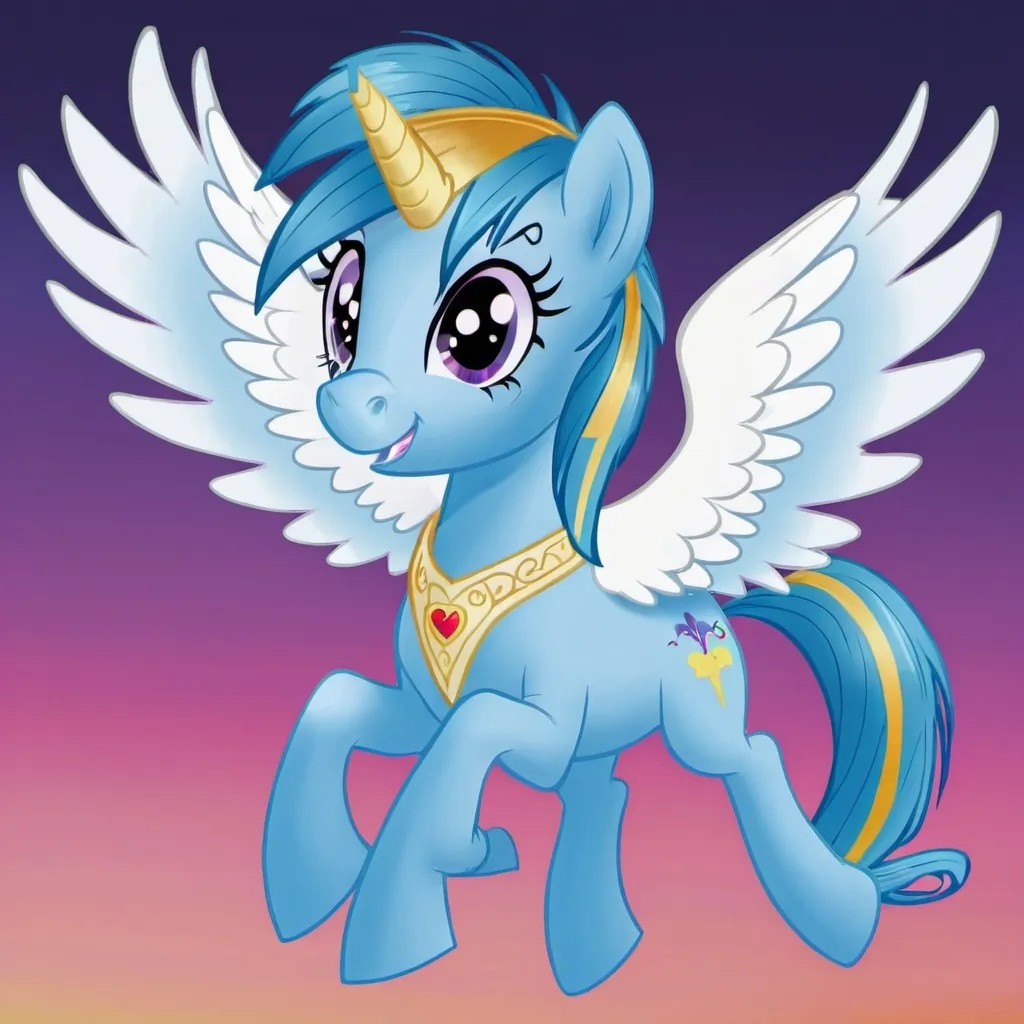 Prompt: my little pony:friendship is magic character named layona,with blue skin,and is a alicorn flying with three friends

