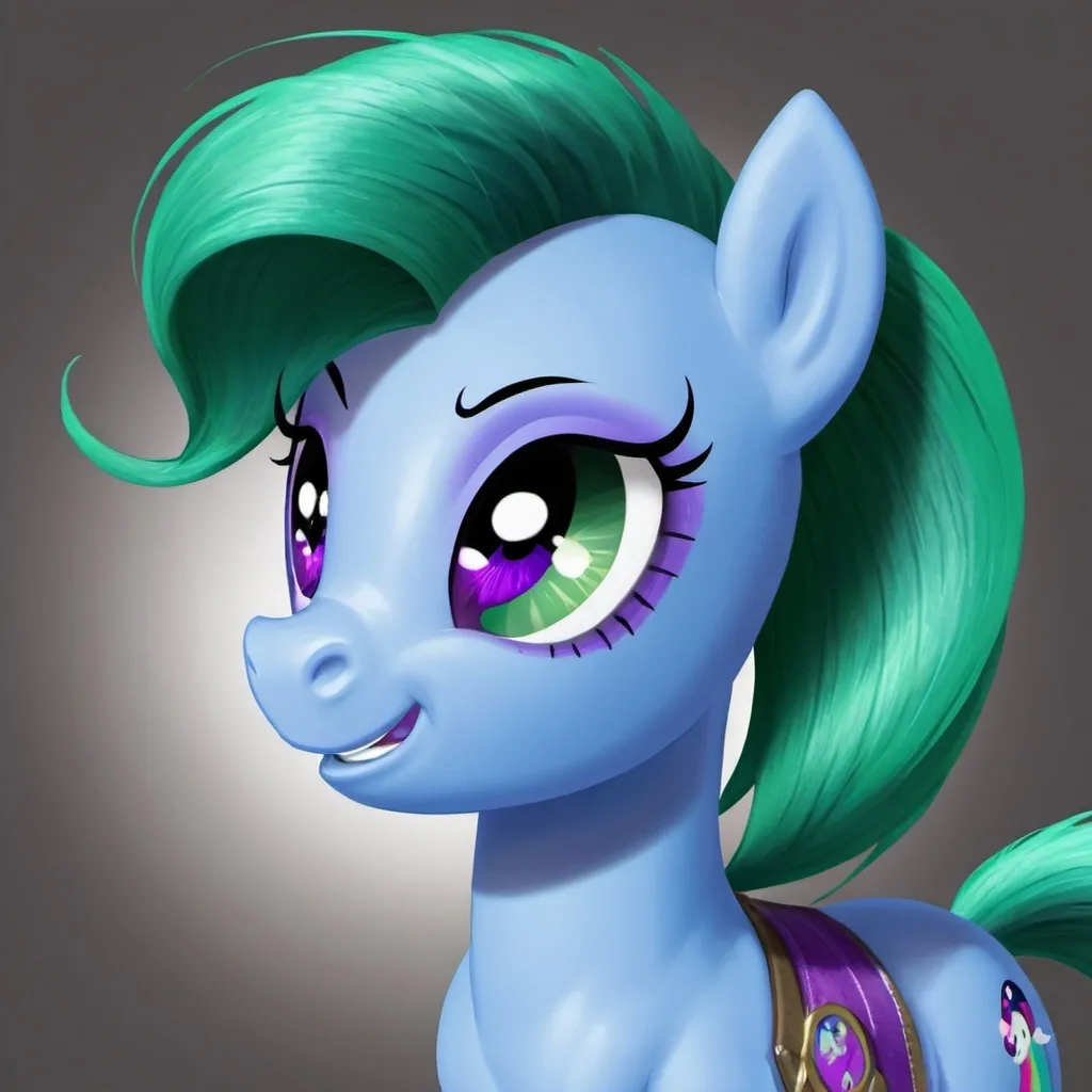 Prompt: my little pony:friendship is magic character named layona,with blue skin,purple eyes, green hair,
and is a fully grown earth pony

