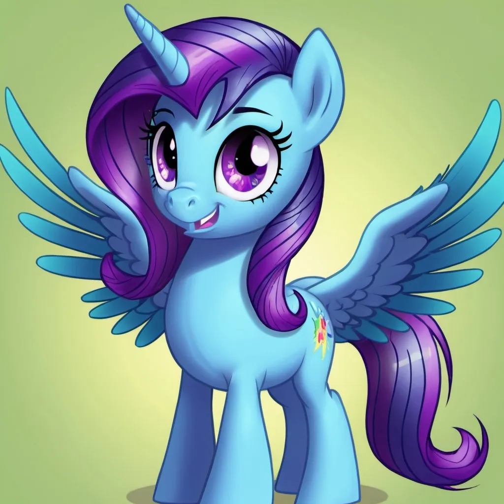 Prompt: my little pony:friendship is magic character named layona,with blue skin,purple eyes, green mane,
and is a alicorn with blue wings

