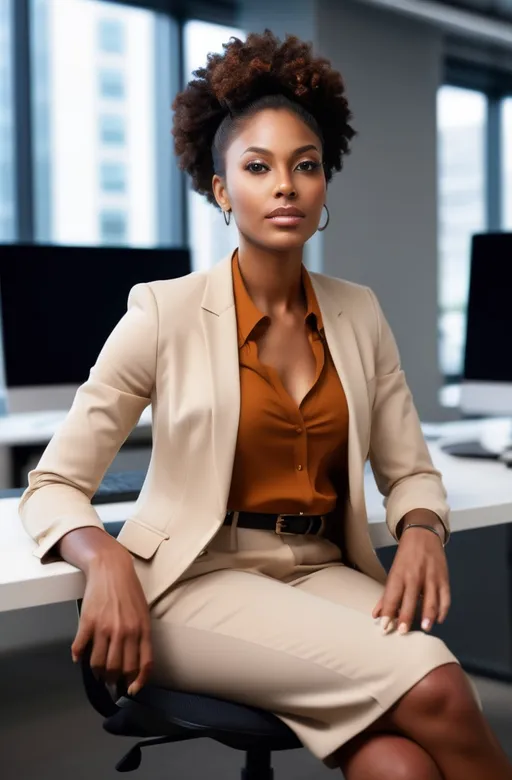 Prompt: Tall caramel colored skin black woman seated in a modern office, detailed clothing, realistic, natural lighting.
