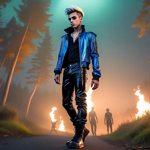 Prompt: <mymodel> (realistic two guys, 18 years old, in a blue leather jacket and black latex pants) standing in front of a forest with a fireball in the background, realism style, cool color scheme with deep shades of blue and cool greens, dramatic lighting highlighting the jackets, high contrast, dark, moody atmosphere, detailed forest with shadows and depth, glowing fireball casting a warm light, cinematic masterpiece, ultra-detailed, 4K.