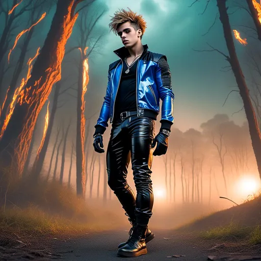 Prompt: <mymodel> (realistic two guys, 18 years old, in a blue leather jacket and black latex pants) standing in front of a forest with a fireball in the background, realism style, cool color scheme with deep shades of blue and cool greens, dramatic lighting highlighting the jackets, high contrast, dark, moody atmosphere, detailed forest with shadows and depth, glowing fireball casting a warm light, cinematic masterpiece, ultra-detailed, 4K.