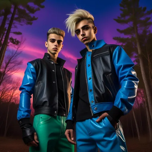 Prompt: <mymodel> (realistic two guys, 18 years old, of gypsy ethnicity, blond and blue mojack style hair, in a blue leather jacket and black latex pants) standing in front of a forest with a fireball in the background, realism style, cool color scheme with deep shades of blue and cool greens, dramatic lighting highlighting the jackets, high contrast, dark, moody atmosphere, detailed forest with shadows and depth, glowing fireball casting a warm light, cinematic masterpiece, ultra-detailed, 4K.