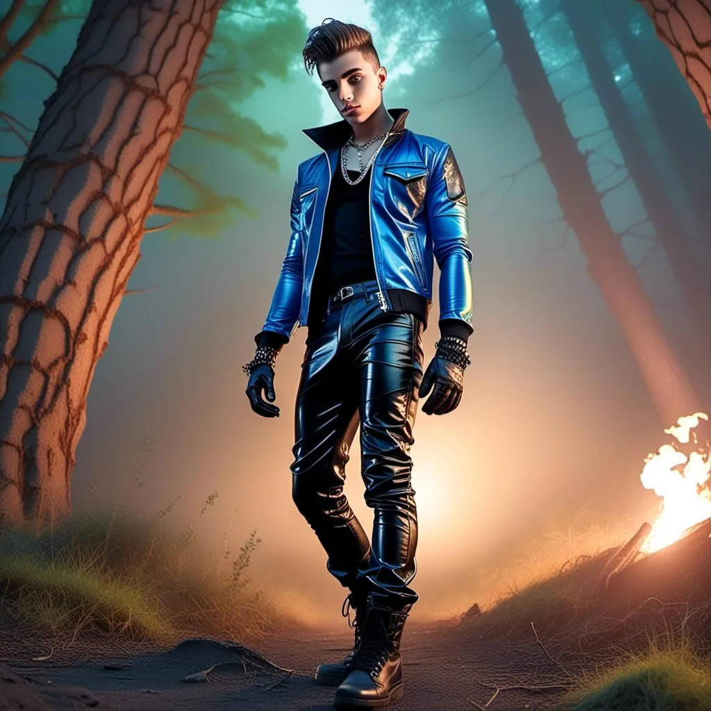 Prompt: <mymodel> (realistic two guys, 18 years old, in a blue leather jacket and black latex pants) standing in front of a forest with a fireball in the background, realism style, cool color scheme with deep shades of blue and cool greens, dramatic lighting highlighting the jackets, high contrast, dark, moody atmosphere, detailed forest with shadows and depth, glowing fireball casting a warm light, cinematic masterpiece, ultra-detailed, 4K.