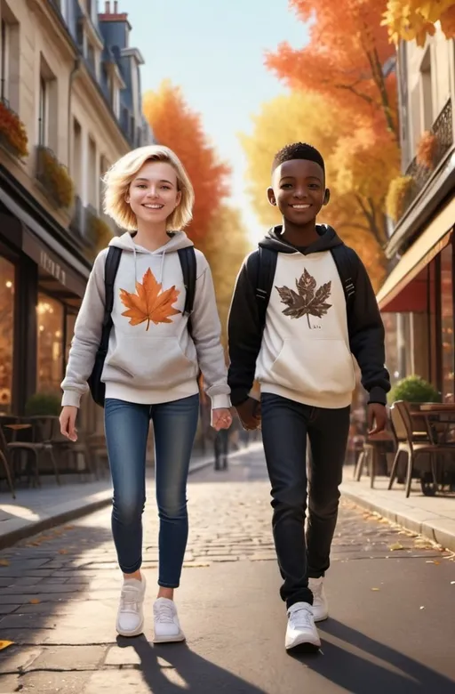 Prompt: Photorealistic (a white girl with short blonde hair and a black boy with black mohawk hair, both 10 years old, wearing sweatshirts, jeans, and Nike sneakers), walking down a street in Paris, both carry backpacks on their backs, both smiling, warm color scheme, street lined with charming cafés and boutiques, autumn leaves falling, ambient soft lighting, high detail, ultra-detailed, vibrant tones, image masterfully captures a cheerful and lively atmosphere, 4K quality.