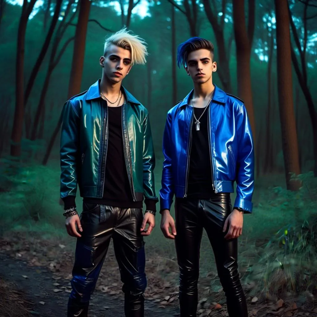 Prompt: <mymodel> (realistic two guys, 18 years old, of gypsy ethnicity, blond and blue mojack style hair, in a blue leather jacket and black latex pants) standing in front of a forest with a fireball in the background, realism style, cool color scheme with deep shades of blue and cool greens, dramatic lighting highlighting the jackets, high contrast, dark, moody atmosphere, detailed forest with shadows and depth, glowing fireball casting a warm light, cinematic masterpiece, ultra-detailed, 4K.