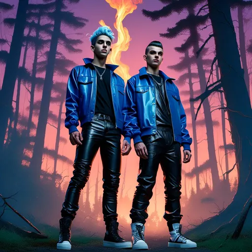 Prompt: <mymodel> (realistic two guys, 18 years old, of gypsy ethnicity, blond and blue mojack style hair, in a blue leather jacket and black latex pants) standing in front of a forest with a fireball in the background, realism style, cool color scheme with deep shades of blue and cool greens, dramatic lighting highlighting the jackets, high contrast, dark, moody atmosphere, detailed forest with shadows and depth, glowing fireball casting a warm light, cinematic masterpiece, ultra-detailed, 4K.