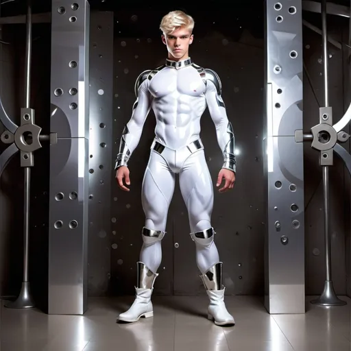 Prompt: photorealistic, (full length portrait), (cool color scheme), (serious expression), 18 years old, caucasian twink, transforming into cyborg, muscular physique, very thin, (very well-defined abs), blonde hair, (very tight shiny white metallic pants), (very shiny  whait metallic chest), (very shiny metallic gloves), and (very shiny white metallic boots), wears very shiny white metallic restraint bracelets on wrists and ankles), (a very shiny white metallic collar adjusted at his entire neck), standing with confidence, strong posture, dramatic lighting highlighting contours, ultra-detailed, HD quality, capturing the essence of youth and strength in a serene atmosphere.