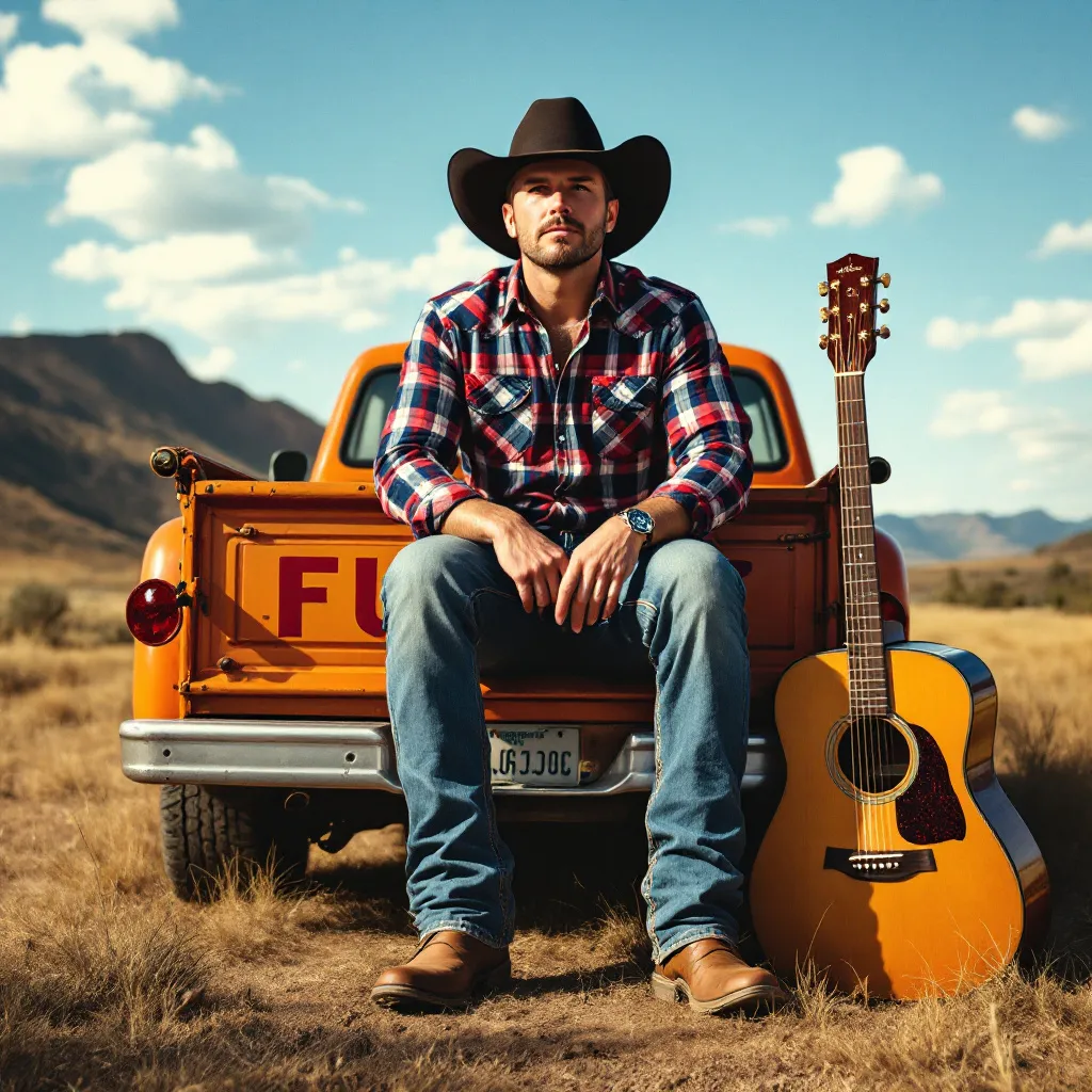 Prompt: cowboy hat, cowboy boots, pickup truck, guitar

