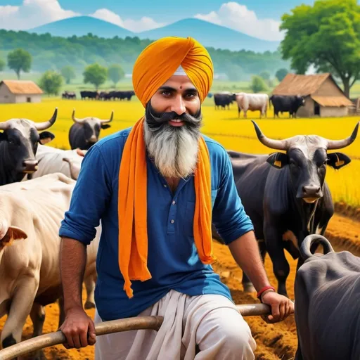 Prompt: create a sikh punjabi farmer with little grey beard and turban plowing in farm along with bulls in the punjabi farm.  vibrant, cute, and colorful style