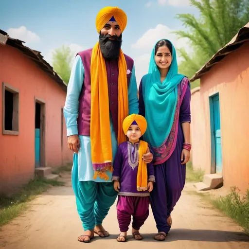 Prompt: create a sikh punjabi family of 3 members living in a village of punjab. mother in a punjabi suit with head covered, father with little grey beard and turban and thier son in patka. vibrant, cute, and colorful style