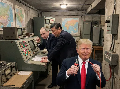 Prompt: Russian President Valdimir Putin and Chinese President Xi Jingping hiding in a bunker trying to launch nuclear weapons but American President Donald Trump has cut the wire to the detonator.