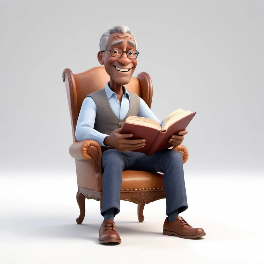 Prompt: A stunning 3D render in a Disney Pixar Style , featuring a mature colored man sitting in a chair with a book in his hands telling a story. White Background. The figure is full-length. His expression is regal and proud, with a warm smile. 3d Render