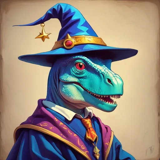 Prompt: dino wearing a wizard hat, Picasso style,