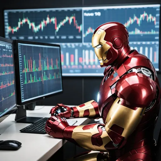 Prompt: iron man on a computer looking at the stock market chart  