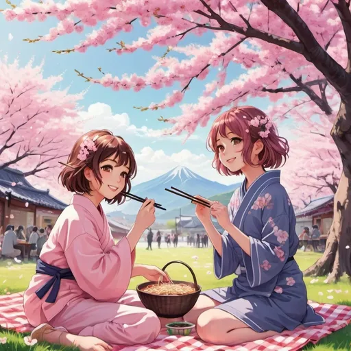 Prompt: Anime illustration of girls under a pink blossom tree, enjoying a spring picnic, eating ramen with chopsticks, dancing to music, highres, detailed, cherry blossom, spring, anime, picnic, joyful, ramen, dancing, traditional, vibrant colors, atmospheric lighting, friends, outdoor, cherry blossom tree, detailed eyes, professional, colorful, sakura