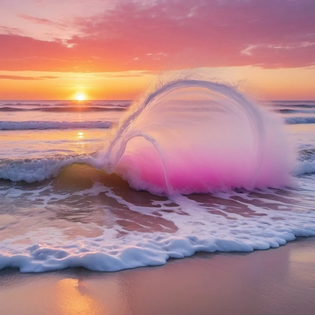 Prompt: sunset on a beach with huge tall foaming and refractive transparent waves in pink blue orange yellow violet and red