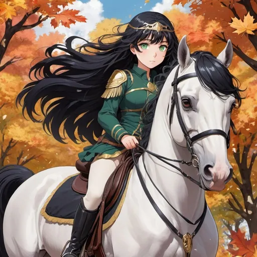 Prompt: beautiful girl that is in her teens and has black hair and is dressed as Athena and has bright greens eyes riding a horse that is raven black and it is fall and the leaves are falling and the hair of the horse is blowing there  the wind anime