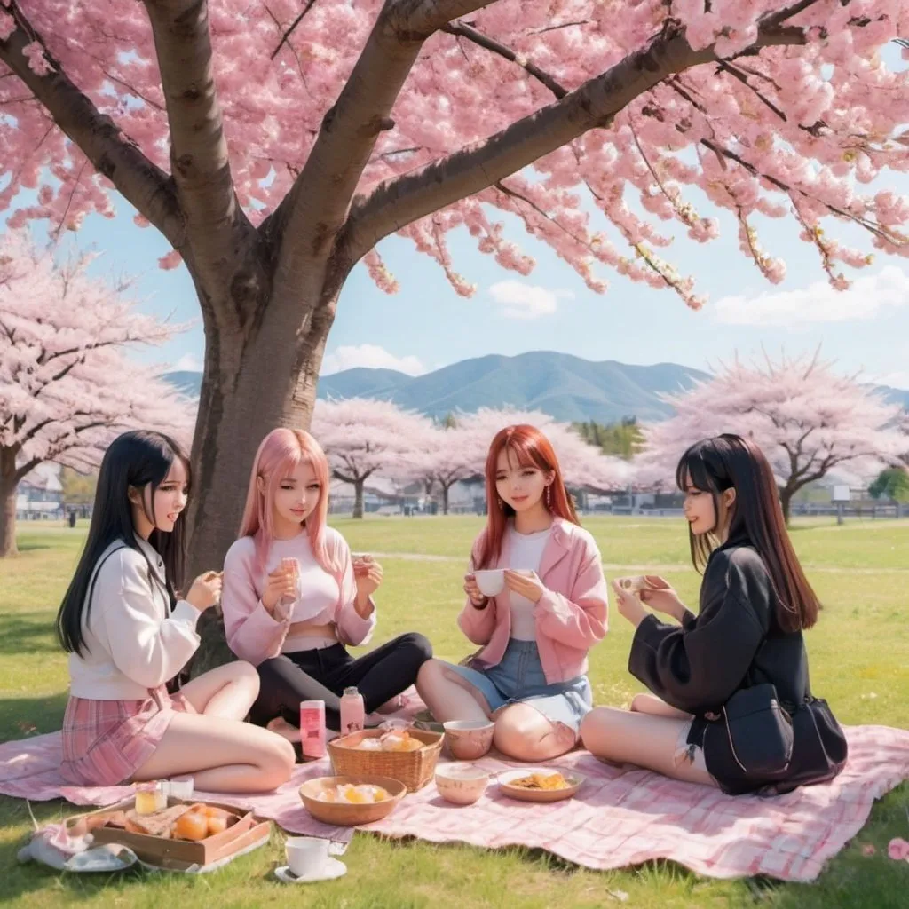 Prompt: anime girls that is under a pink blossom tree in spring with her friends  having a picnic and listing to blackpink music and is eating ramen 