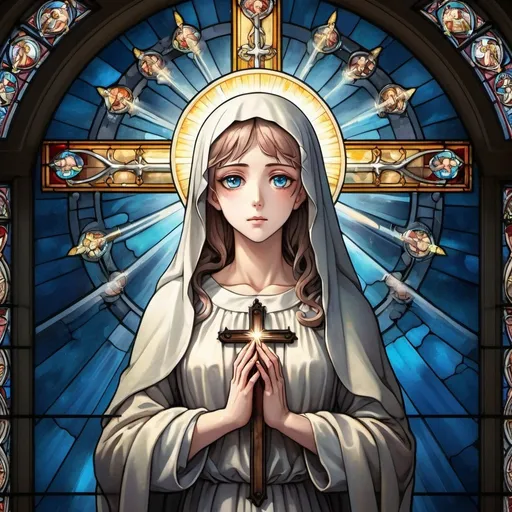 Prompt: Anime illustration of a solemn Mary on a crucifix, holy ambiance, stained glass window, glowing halo, ethereal atmosphere, detailed anime eyes, sacred artwork, divine lighting, high quality, anime, religious, holy, detailed eyes, ethereal, glowing, stained glass, divine lighting