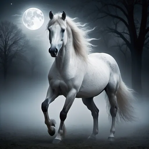 Prompt: Moonlit horse spirit in ethereal fog, mystical atmosphere, ghostly mane flowing, shimmering moonlight, transparent and graceful, haunting presence, high quality, mystical, ethereal, moonlit, ghostly, transparent, flowing mane, haunting, atmospheric lighting