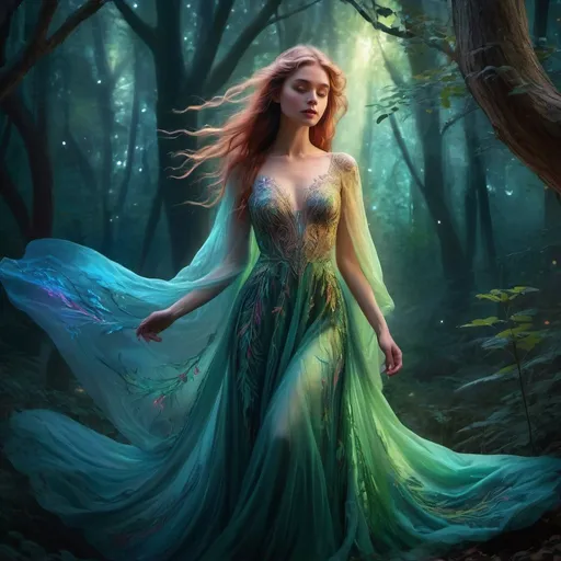 Prompt: Detailed digital painting of Lydia, ethereal mystical forest setting, vibrant and glowing, flowing gown with intricate embroidery, enchanting and mysterious aura, high quality, digital painting, fantasy, ethereal, glowing, mystical, flowing gown, intricate embroidery, enchanting, mysterious, forest setting, vibrant colors, atmospheric lighting