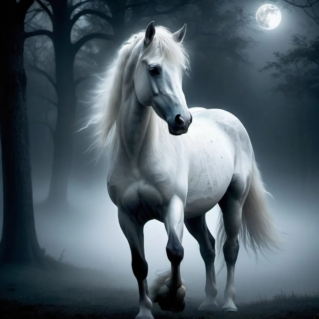 Prompt: Moonlit horse spirit in ethereal fog, mystical atmosphere, ghostly mane flowing, shimmering moonlight, transparent and graceful, haunting presence, high quality, mystical, ethereal, moonlit, ghostly, transparent, flowing mane, haunting, atmospheric lighting