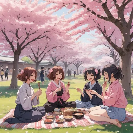 Prompt: anime girls that is under a pink blossom tree in spring with  friends  having a picnic and listing to and is eating ramen  with chopsticks and one girl is dancing and listing to music and they are laughing 