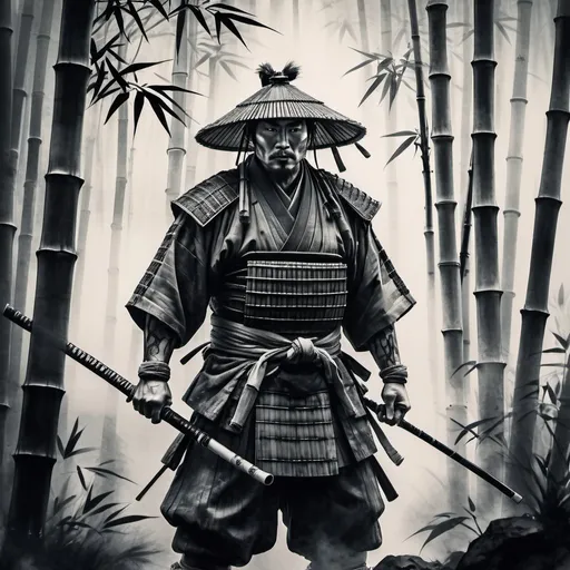 Prompt: Ronin warrior standing in a misty bamboo forest, traditional Japanese ink painting, rugged and weathered attire, intense and determined expression, high resolution, ink wash painting, misty atmosphere, rugged warrior, traditional, intense gaze, atmospheric lighting