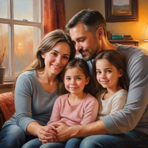 Prompt: Detailed, emotional oil painting of a loving foster family, warm and cozy atmosphere, soft lighting, heartwarming expressions, vibrant colors, textured brushstrokes, high quality, emotional, oil painting, cozy, heartwarming, loving family, vibrant colors, textured, soft lighting