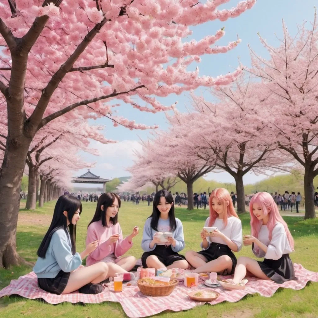 Prompt: anime girls that is under a pink blossom tree in spring with her friends  having a picnic and listing to blackpink music and is eating ramen 