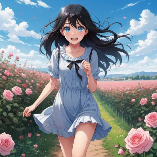 Prompt: a beautiful girl that is walking thew a a field that is filed with rose and other flowers and she is skipping with her friends and laughing and she is cold and has black hair and bright blue eyes anime  