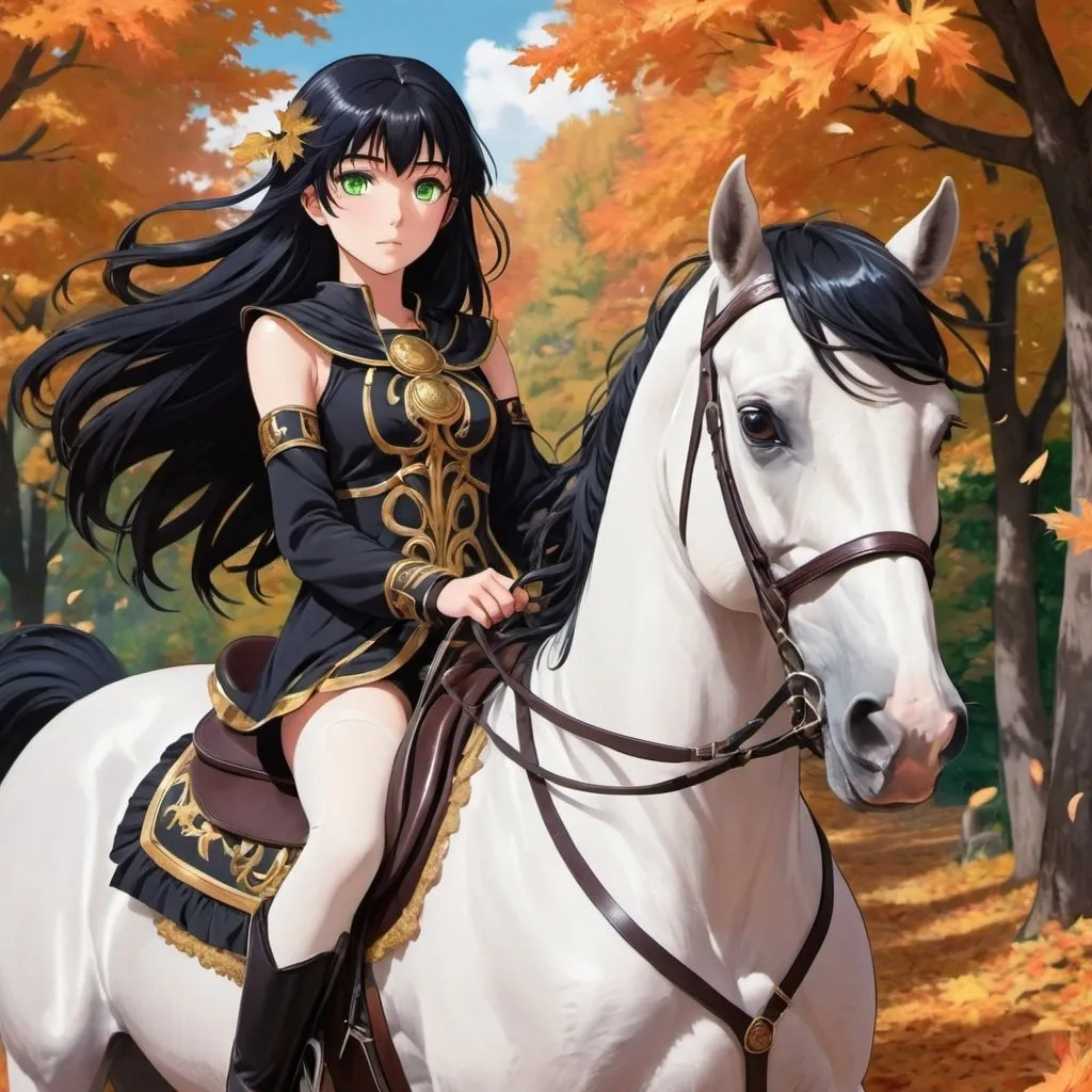 Prompt: beautiful girl that is in her teens and has black hair and is dressed as Athena and has bright greens eyes riding a horse that is raven black and it is fall and the leaves are falling and the hair of the horse is blowing there  the wind anime
