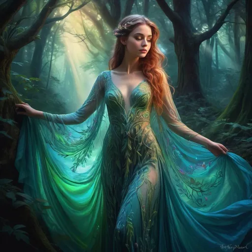 Prompt: Detailed digital painting of Lydia, ethereal mystical forest setting, vibrant and glowing, flowing gown with intricate embroidery, enchanting and mysterious aura, high quality, digital painting, fantasy, ethereal, glowing, mystical, flowing gown, intricate embroidery, enchanting, mysterious, forest setting, vibrant colors, atmospheric lighting
