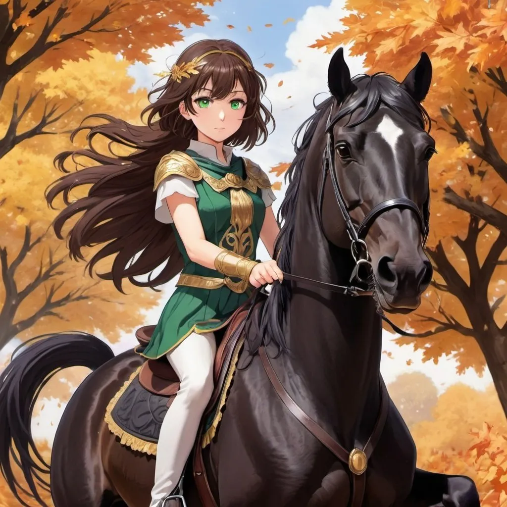 Prompt: beautiful girl that is in her teens and has brown short hair  and is dressed as Athena and has bright greens eyes riding a horse that is raven black and it is fall and the leaves are falling and the hair of the horse is blowing there  the wind anime