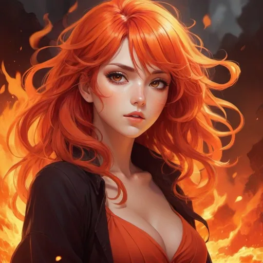 Prompt: Sultry anime illustration of a fiery-haired girl, vibrant red and orange tones, fantasy magical setting,
