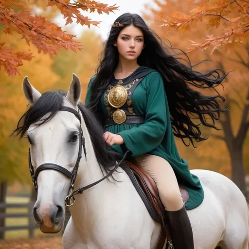 Prompt: beautiful girl that is in her teens and has black hair and is dressed as Athena and has bright greens eyes riding a horse that is raven black and it is fall and the leaves are falling and the hair of the horse is blowing there  the wind  