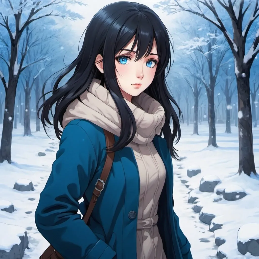 Prompt: a beautiful girl that is walking thew a winter wounder land and she is cold and has black hair and bright blue eyes anime  