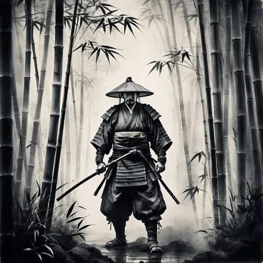 Prompt: Ronin warrior standing in a misty bamboo forest, traditional Japanese ink painting, rugged and weathered attire, intense and determined expression, high resolution, ink wash painting, misty atmosphere, rugged warrior, traditional, intense gaze, atmospheric lighting
