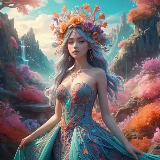 Prompt: Highly detailed 3D rendering of Ella, surreal fantasy landscape, vibrant and ethereal colors, flowing gown with intricate patterns, elaborate floral headdress, glowing magical elements, dreamlike atmosphere, high quality, 3D rendering, surreal fantasy, vibrant colors, flowing gown, intricate details, floral headdress, glowing elements, dreamlike atmosphere anime