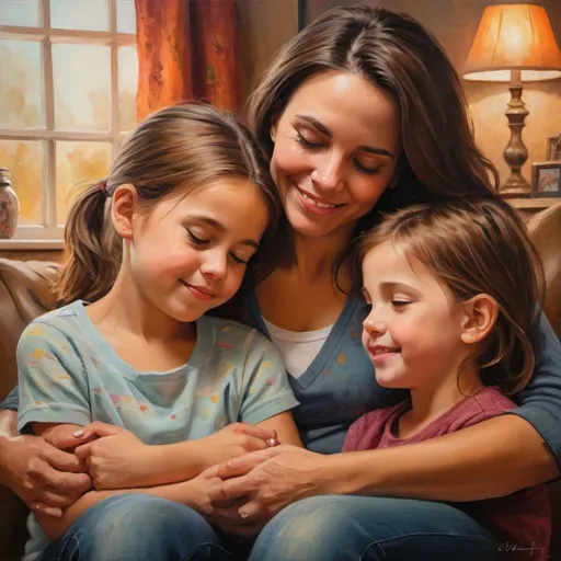 Prompt: Detailed, emotional oil painting of a loving foster family, warm and cozy atmosphere, soft lighting, heartwarming expressions, vibrant colors, textured brushstrokes, high quality, emotional, oil painting, cozy, heartwarming, loving family, vibrant colors, textured, soft lighting