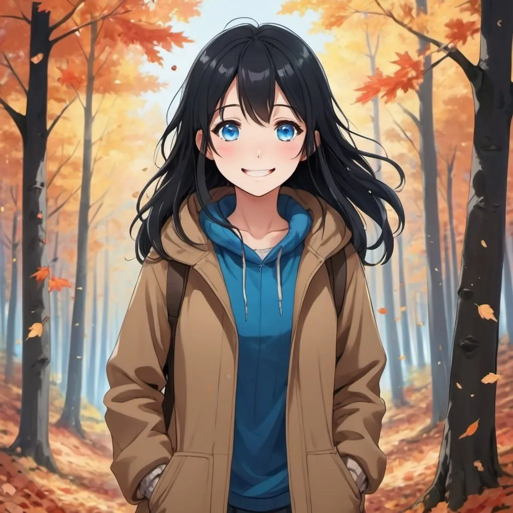 Prompt: a beautiful girl that is walking in a forests in the fall time and leaves are falling down  and laughing and she is cold and has black hair and bright blue eyes anime  
