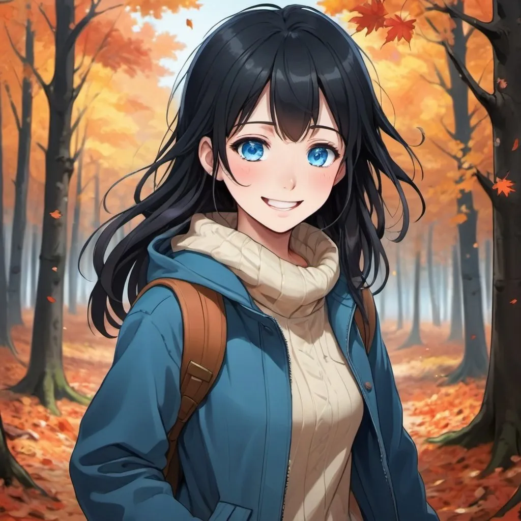Prompt: a beautiful girl that is walking in a forests in the fall time and leaves are falling down  and laughing and she is cold and has black hair and bright blue eyes anime  