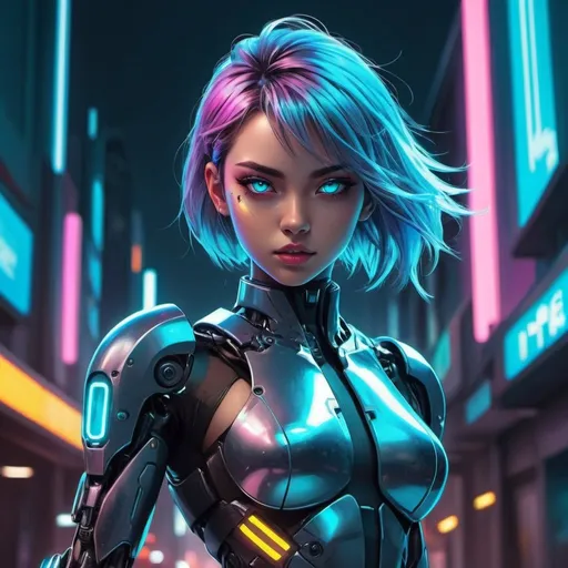 Prompt: High-quality anime illustration of a powerful and cool-toned girl, dynamic pose, futuristic cybernetic enhancements, intense and confident expression, sleek and modern outfit with metallic details, vibrant and energetic color palette, sci-fi anime style, detailed hair and eyes, urban cyberpunk setting, neon lights casting a cool glow, best quality, ultra-detailed, anime, sci-fi, cybernetic enhancements, futuristic, dynamic pose, cool tones, confident expression, vibrant colors, sleek design, professional, energetic lighting