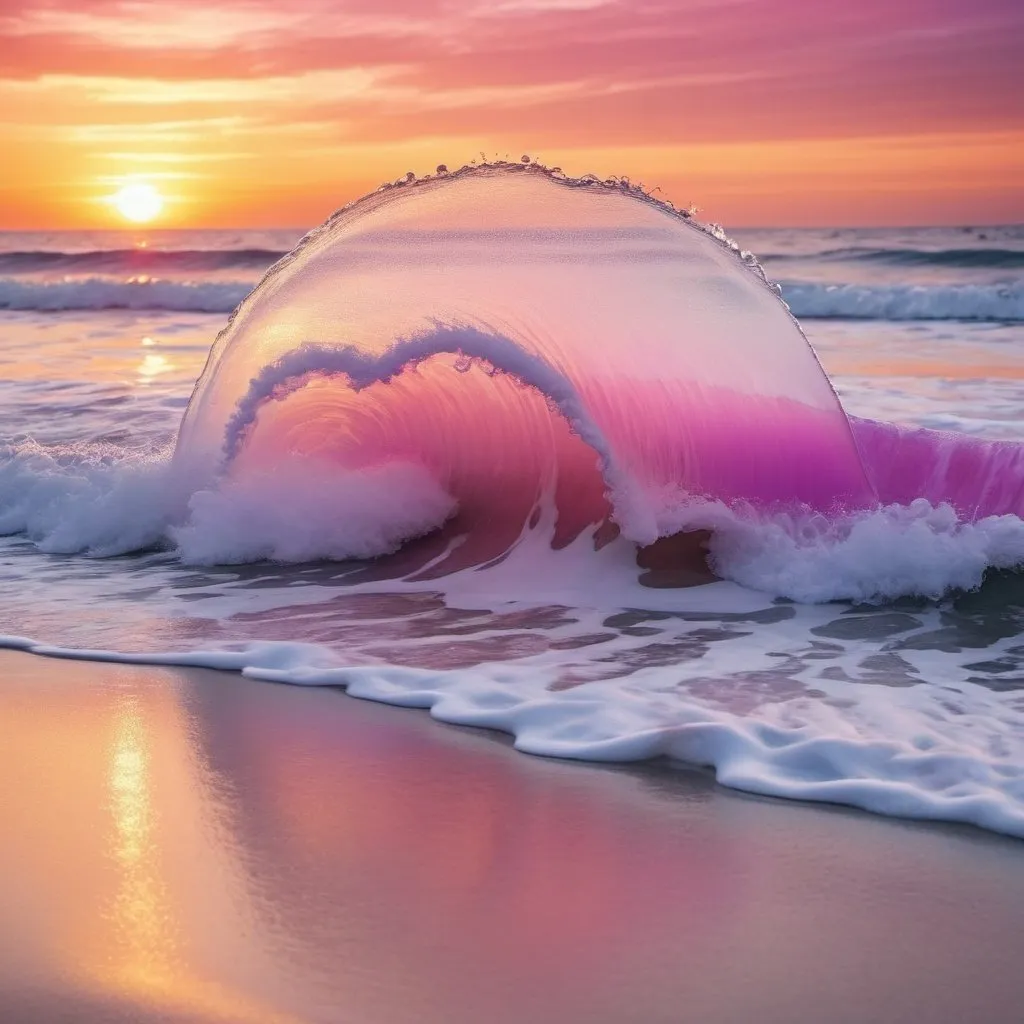 Prompt: sunset on a beach with huge tall foaming and refractive transparent waves in pink blue orange yellow violet and red