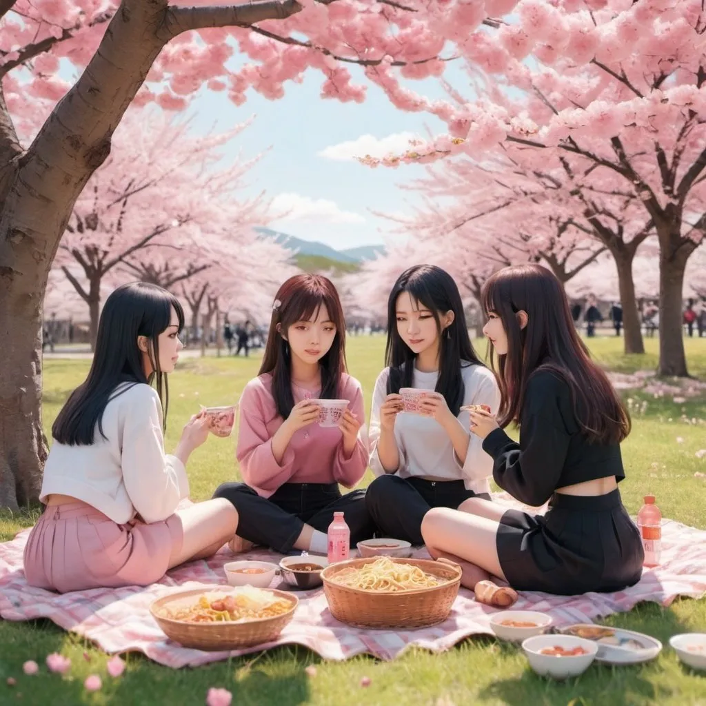 Prompt: anime girls that is under a pink blossom tree in spring with  friends  having a picnic and listing to blackpink music and is eating ramen 