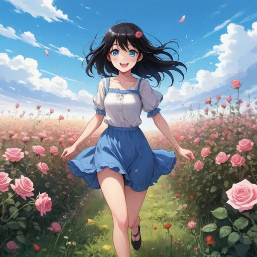 Prompt: a beautiful girl that is walking thew a a field that is filed with rose and other flowers and she is skipping with her friends and laughing and she is cold and has black hair and bright blue eyes anime  